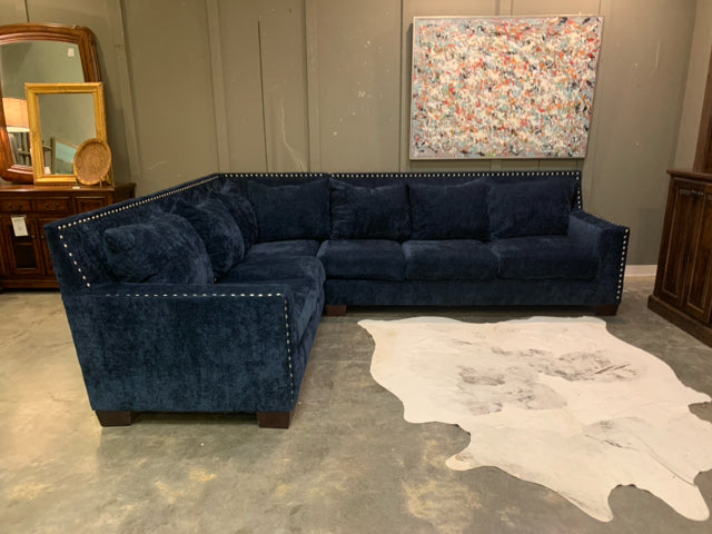 England Inc Navy Blue Sectional With Nailheads
